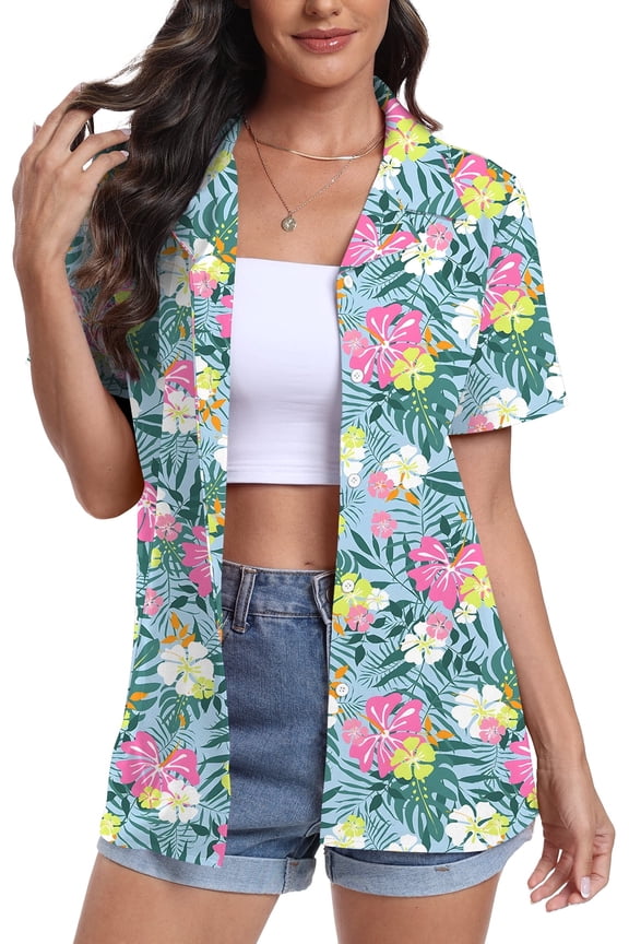 Women's Hawaiian Floral Shirts Short Sleeve Button Down Shirts Soft Cool Floral Tropical Holiday Beach Shirts V Neck Summer Beach Tops T-Shirt,XL White Pink Flower