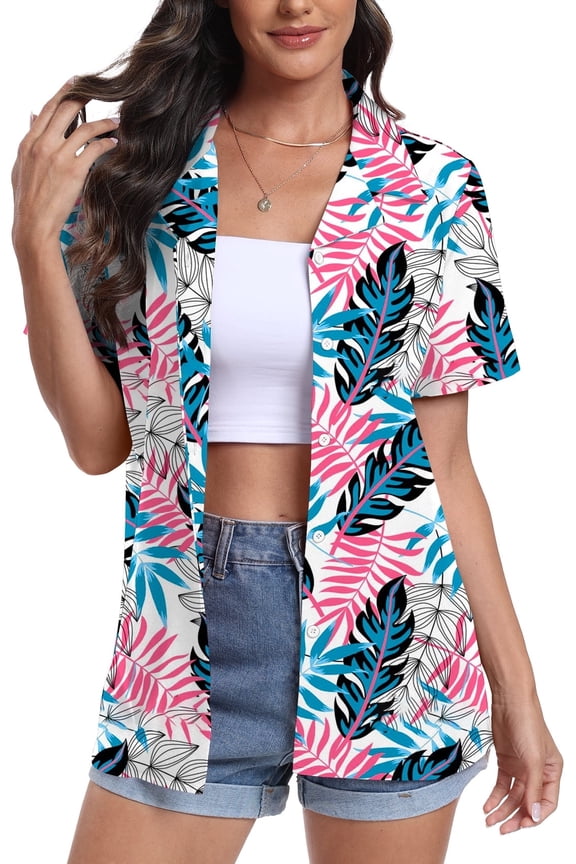 Women's Hawaiian Floral Shirts Short Sleeve Button Down Shirts Soft Cool Floral Tropical Holiday Beach Shirts V Neck Summer Beach Tops T-Shirt,L Mix Leaf White
