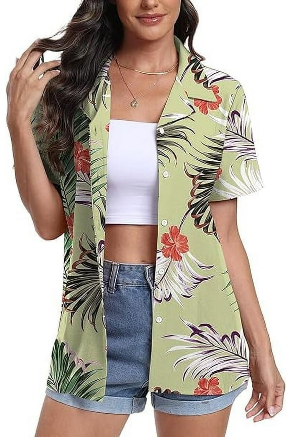 Women's Hawaiian Floral Shirts Short Sleeve Button Down Shirts Soft Cool Floral Tropical Holiday Beach Shirts V Neck Summer Beach Tops T-Shirt,L Pink Flower Green