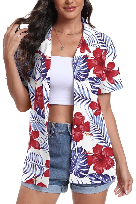 Women's Hawaiian Floral Shirts Short Sleeve Button Down Shirts Soft Cool Floral Tropical Holiday Beach Shirts V Neck Summer Beach Tops T-Shirt,L Red Flower White