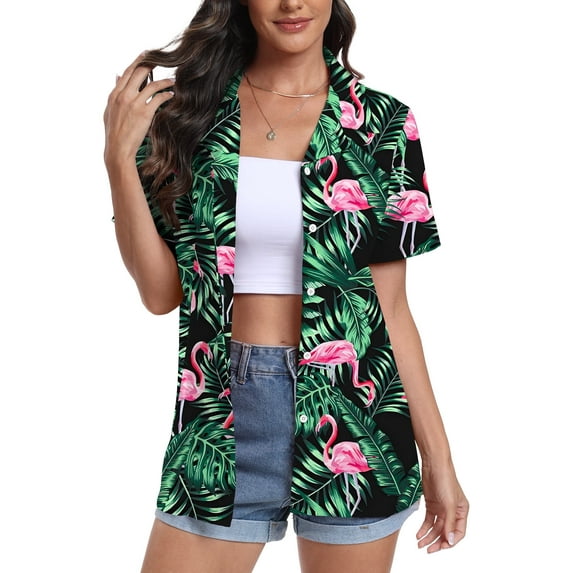 Aiyino Women's Hawaiian Floral Shirts Short Sleeve Button Down Shirts Soft Cool Floral Tropical Holiday Beach Shirts V Neck Summer Beach Tops T-Shirt,M Bird Black