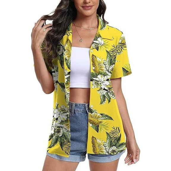 Aiyino Women's Hawaiian Floral Shirts Short Sleeve Button Down Shirts Soft Cool Floral Tropical Holiday Beach Shirts V Neck Summer Beach Tops T-Shirt,M White Flower Yellow