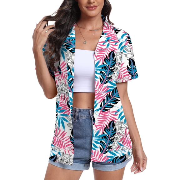 Aiyino Women's Hawaiian Floral Shirts Short Sleeve Button Down Shirts Soft Cool Floral Tropical Holiday Beach Shirts V Neck Summer Beach Tops T-Shirt,S Mix Leaf White