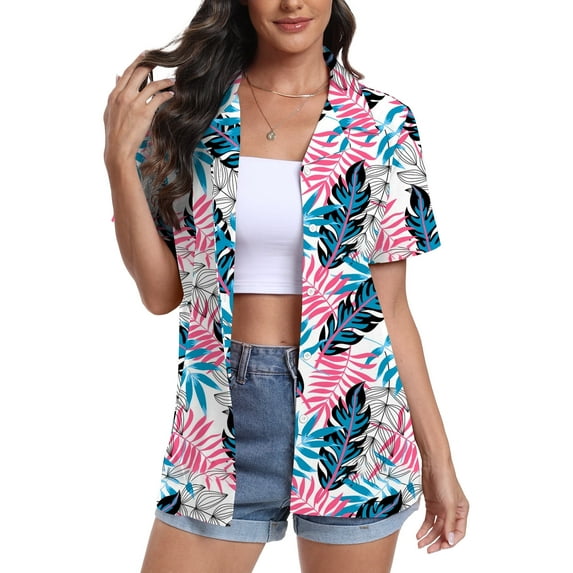 Aiyino Women's Hawaiian Floral Shirts Short Sleeve Button Down Shirts Soft Cool Floral Tropical Holiday Beach Shirts V Neck Summer Beach Tops T-Shirt,S Mix Leaf White