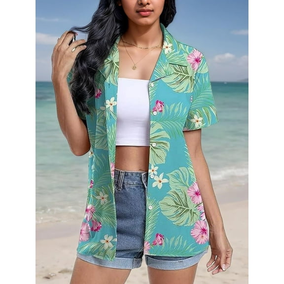 Aiyino Women's Hawaiian Floral Shirts Short Sleeve Button Down Shirts Soft Cool Floral Tropical Holiday Beach Shirts V Neck Summer Beach Tops T-Shirt,S Pink Flower Blue