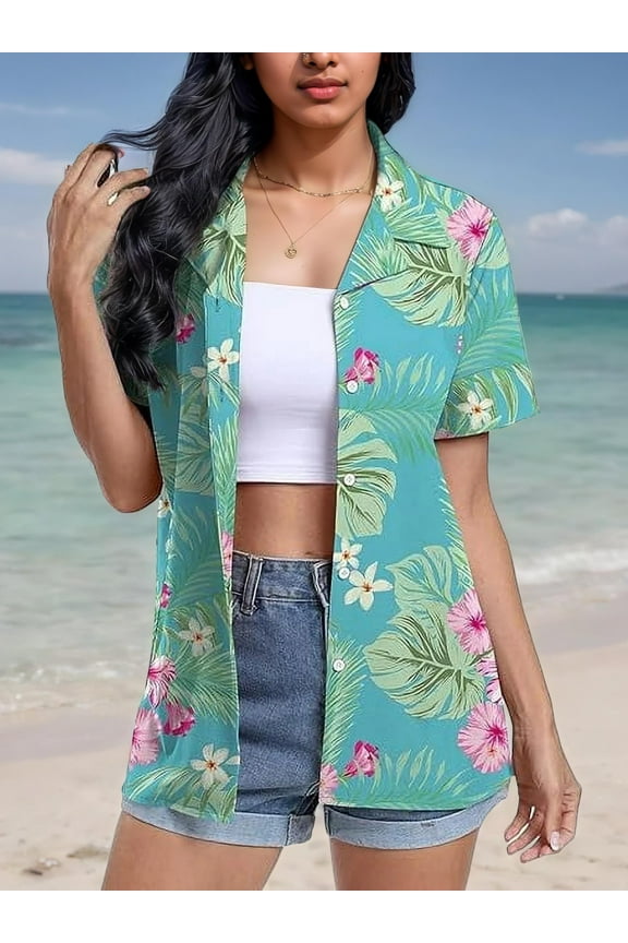 Women's Hawaiian Floral Shirts Short Sleeve Button Down Shirts Soft Cool Floral Tropical Holiday Beach Shirts V Neck Summer Beach Tops T-Shirt,S Pink Flower Blue