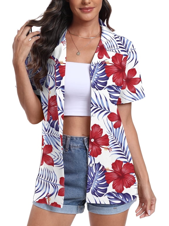 Women's Hawaiian Floral Shirts Short Sleeve Button Down Shirts Soft Cool Floral Tropical Holiday Beach Shirts V Neck Summer Beach Tops T-Shirt,S Red Flower White