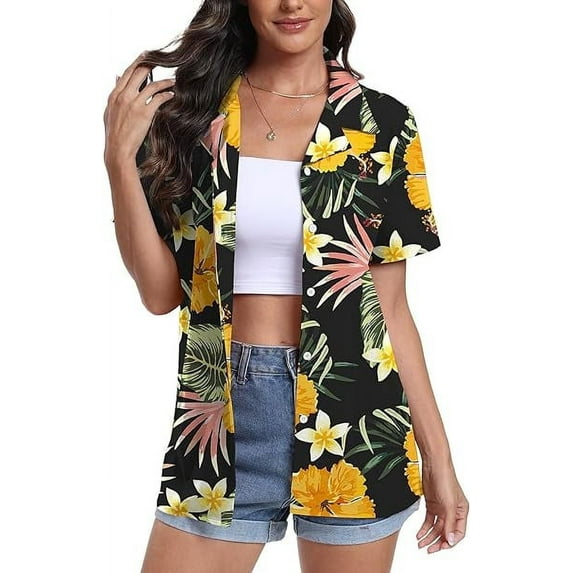 Aiyino Women's Hawaiian Floral Shirts Short Sleeve Button Down Shirts Soft Cool Floral Tropical Holiday Beach Shirts V Neck Summer Beach Tops T-Shirt,XXL Yellow Flower Black