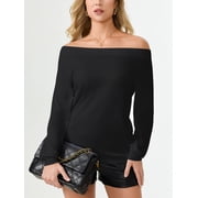 Aiyino Women's Long Sleeve Boat Neck Off Shoulder Blouse Tops Stretchy Shirt Pullover,Black M