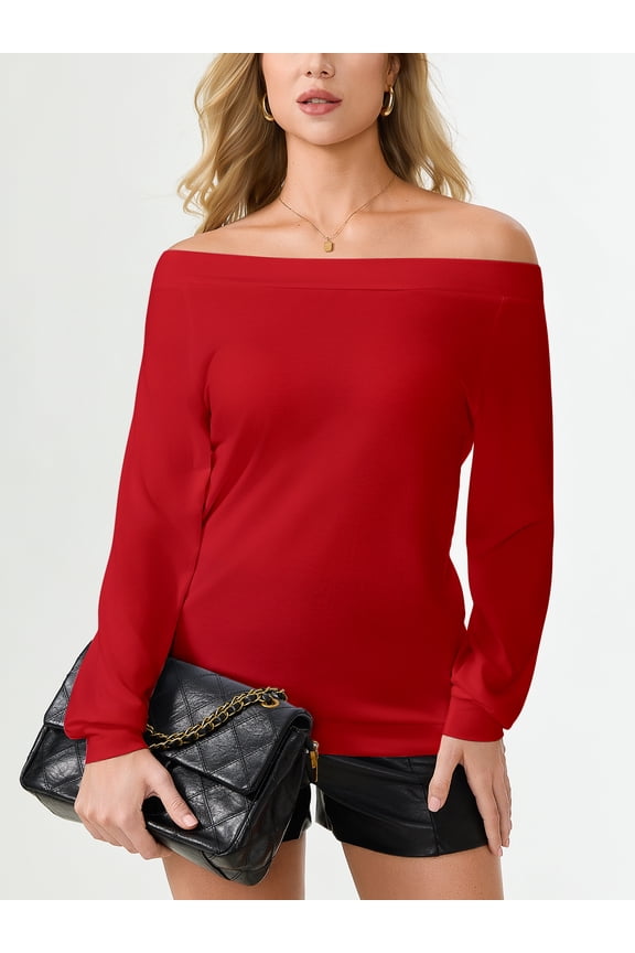 Women's long Sleeve ShirtBoat Neck Off Shoulder Stretchy Blouse Tops Plus Size,Red M