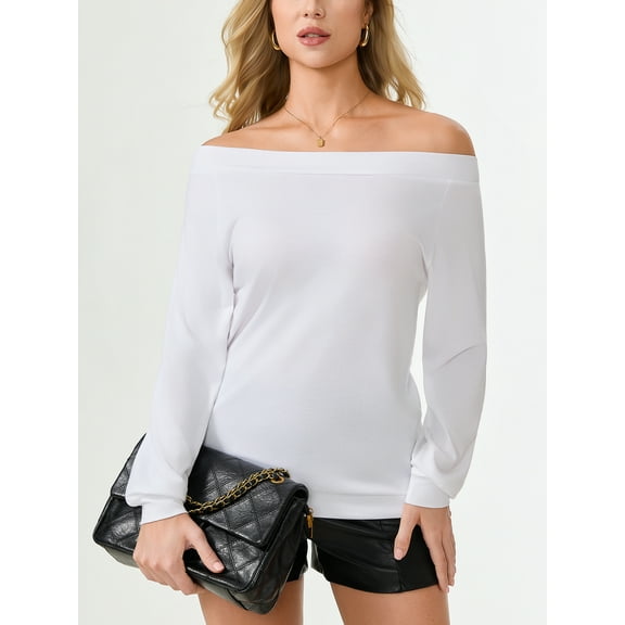 Aiyino Women's Long Sleeve Boat Neck Off Shoulder Blouse Tops Stretchy Soft T-shirt,White M