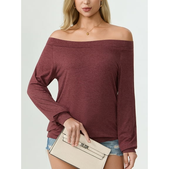 Aiyino Women's Long Sleeve Boat Neck Off Shoulder Stretchy Blouse Tops Shirt Pullover,Wine Red M