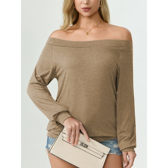 Aiyino Long Sleeve Shirt For Women Boat Neck Off Shoulder Blouse Tops Plus Size,Khaki XL