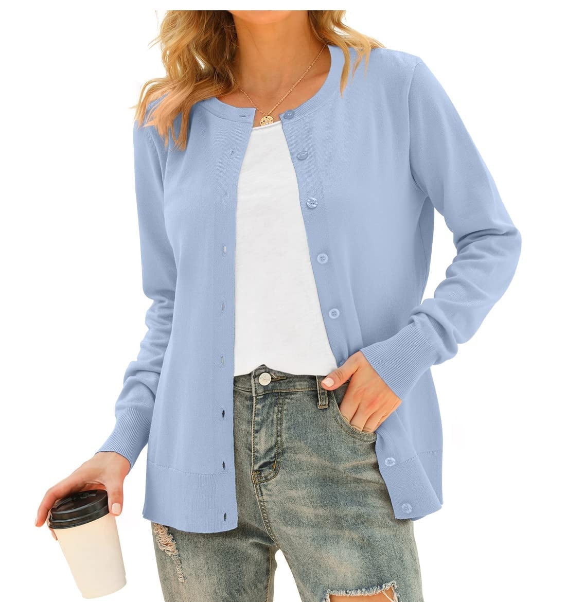 Aiyino Women's Long Sleeve Button Down Crew Neck Classic Sweater Knit ...