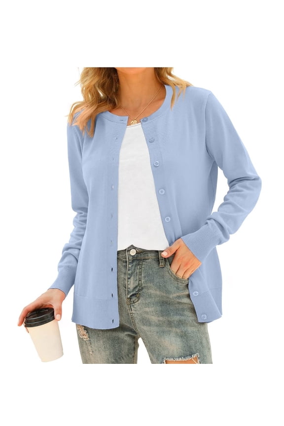 Women's Long Sleeve Button Down Crew Neck Classic Sweater Knit Cardigan