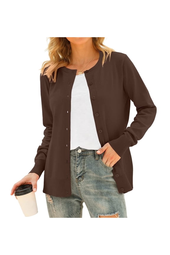 Women's Long Sleeve Button Down Crew Neck Classic Sweater Knit Cardigan，coffee L