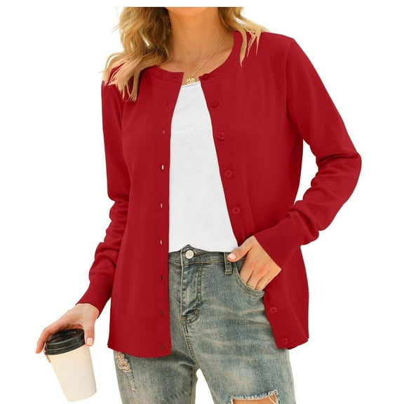 Aiyino Women's Long Sleeve Button Down Crew Neck Classic Sweater Knit Cardigan,Christmas Red XL