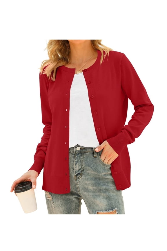 Women's Long Sleeve Button Down Crew Neck Classic Sweater Knit Cardigan,Christmas Red L