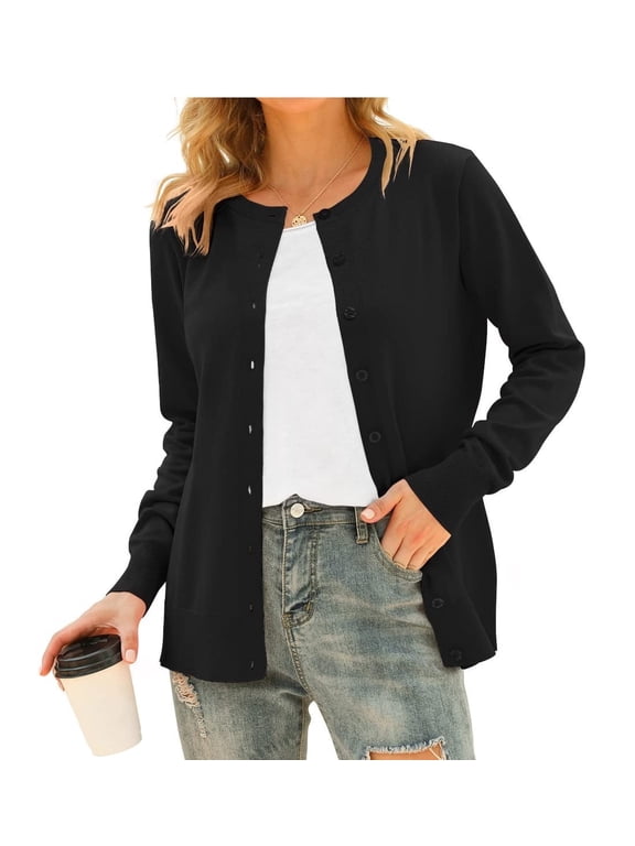 Women's Long Sleeve Button Down Crew Neck Classic Sweater Knit Cardigan，Black S