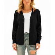 AIYINO Women's Long Sleeve Knit Cardigan Sweater Basic V Neck Button Down Knitwear Winter Tops,Black M