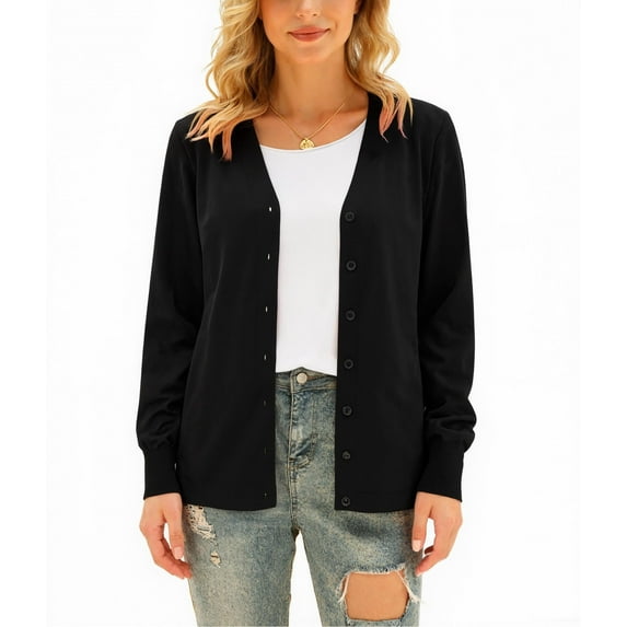 Aiyino Women's Long Sleeve Knit Cardigan Sweater Basic V Neck Button Down Knitwear Winter Tops,Black L