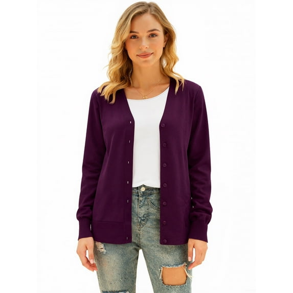 Aiyino Women's Long Sleeve Knit Cardigan Sweater Basic V Neck Button Down Knitwear Winter Tops,Purple 2XL