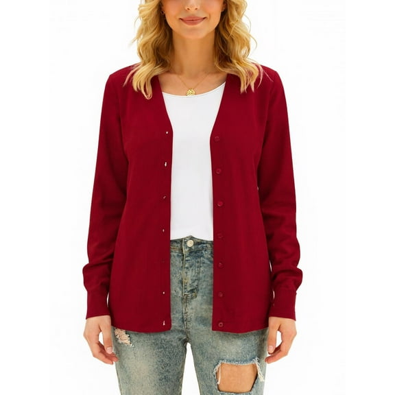 Aiyino Women's Long Sleeve Knit Cardigan Sweater Basic V Neck Button Down Knitwear Winter Tops,Red S