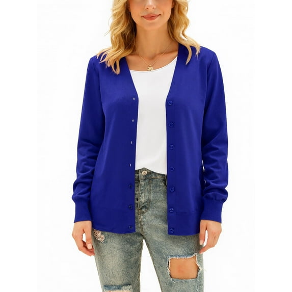 Aiyino Women's Long Sleeve Knit Cardigan Sweater Basic V Neck Button Down Knitwear Winter Tops,Royal Blue S