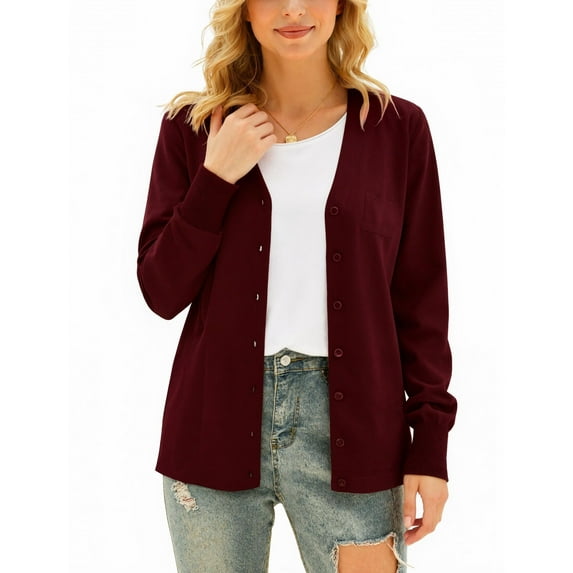 Aiyino Women's Long Sleeve Knit Cardigan Sweater Basic V Neck Button Down Knitwear Winter Tops,Wine Red 2XL