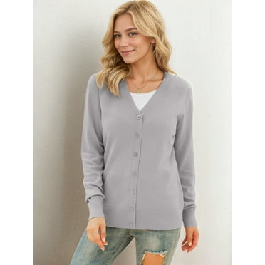 Aiyino Women's Long Sleeve Knit Cardigan Sweater Basic V Neck Button Down Knitwear Winter Tops,Grey 2XL