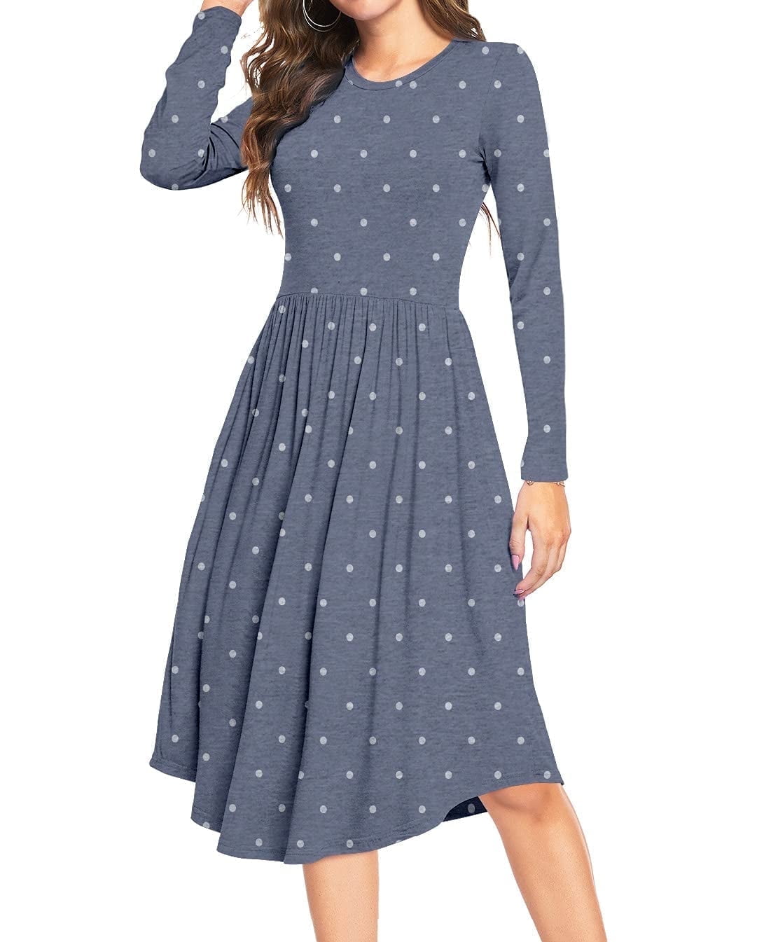 DouBCQ Women's Long Sleeve Pleated Dress With Pockets | Loose Swing Midi Dress, Army Green - View #8