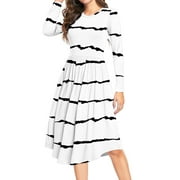 AIYINO Women's Long Sleeve Polka Dot Casual Dress Pleated Loose Flowy Midi Dress With Pocket