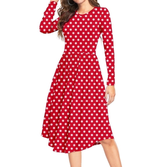 Aiyino Women's Long Sleeve Polka Dot Casual Dress Pleated Loose Flowy Midi Dress With Pocket