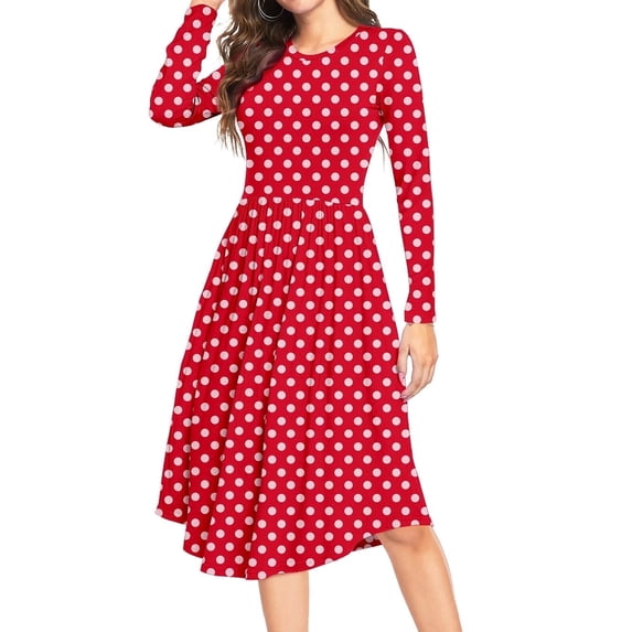 Aiyino Women's Long Sleeve Polka Dot Casual Dress Pleated Loose Flowy Midi Dress With Pocket