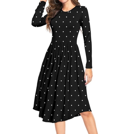 Aiyino Women's Long Sleeve Polka Dot Casual Dress Pleated Loose Flowy Midi Dress With Pocket