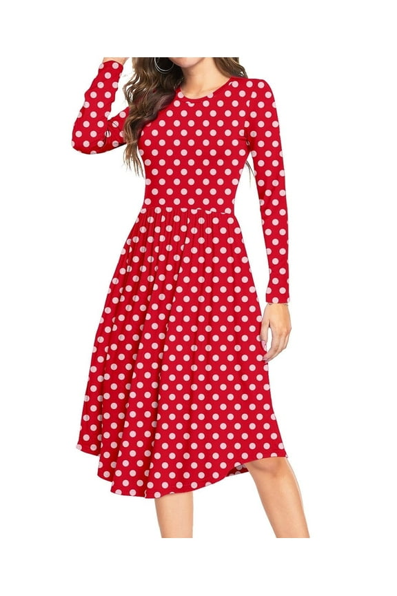 Women's Long Sleeve Polka Dot Casual Dress Pleated Loose Flowy Midi Dress With Pocket