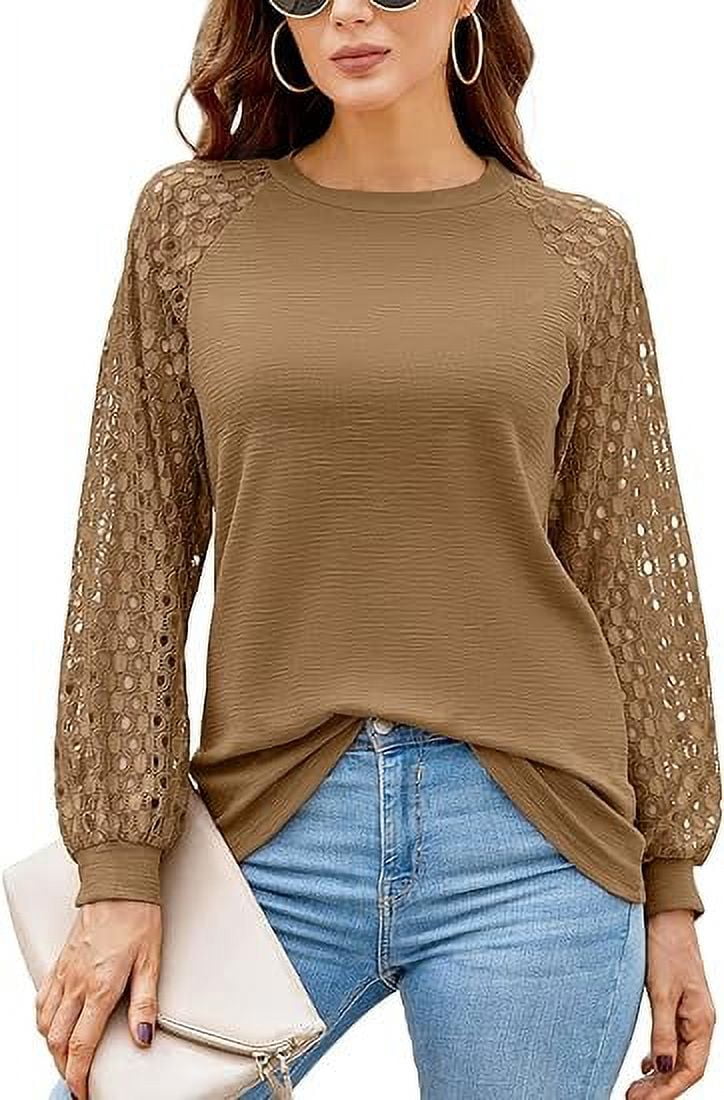 Aiyino Women’s Long Sleeve Round Neck Tops Lace Casual Loose Blouses T