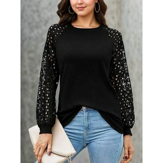 Aiyino Women's Tops And Blouses Long Sleeve Waffle Tee Loose Casual T Shirts,Black M