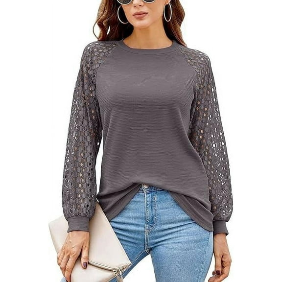 Aiyino Women's Long Sleeve Round Neck Tops Lace Casual Waffle Tee Loose Blouses T Shirts