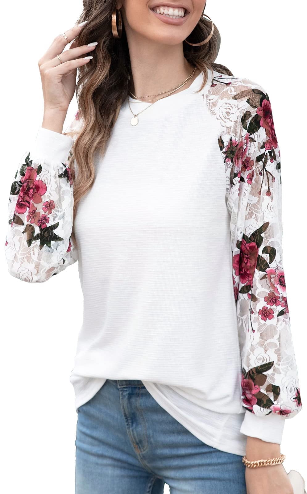 Women's round neck long sleeve side slit waffle knit top main image 0