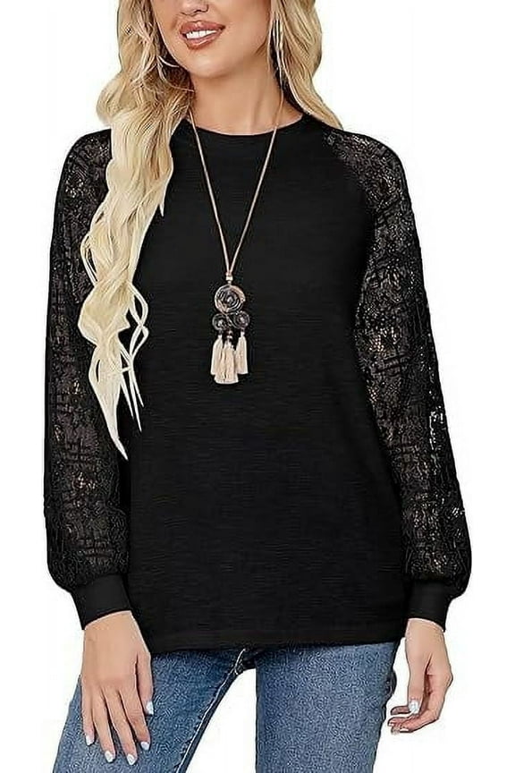 Women's Long Sleeve Round Neck Tops Lace Casual Waffle Tee Loose Blouses T Shirts，Black S