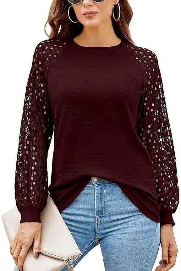 Women's Long Sleeve Round Neck Tops Lace Casual Waffle Tee Loose Blouses T Shirts