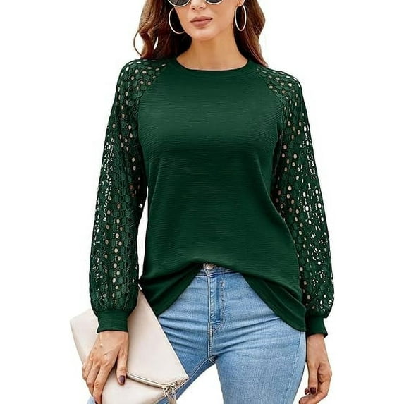 Aiyino Women's Long Sleeve Round Neck Tops Lace Casual Waffle Tee Loose Blouses T Shirts