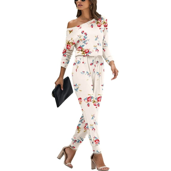 Aiyino Women's Loose Solid Off Shoulder Elastic Waist Stretchy Long Romper Jumpsuit with Pockets