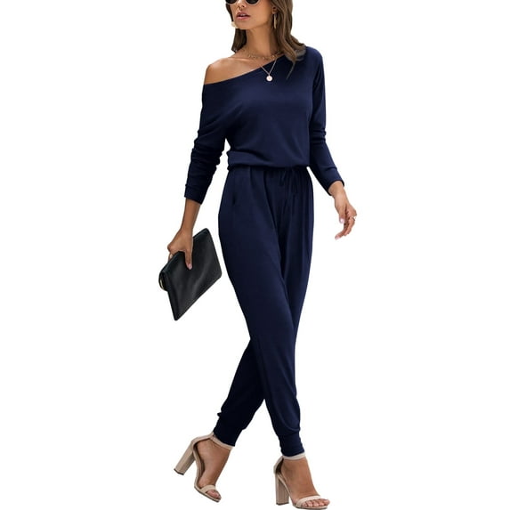 Aiyino Women's Loose Solid Off Shoulder Elastic Waist Stretchy Long Romper Jumpsuit with Pockets
