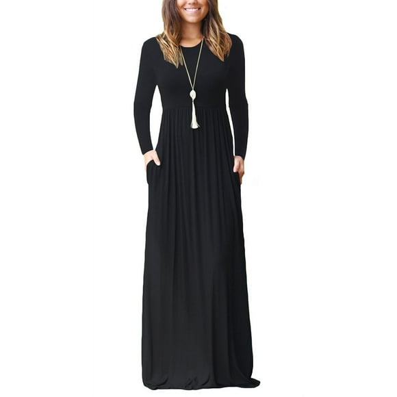 Women's Maxi Dresses Long Sleeve Casual Long Dresses Loose with Pockets,Black XL