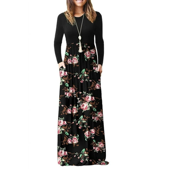 Aiyino Women's Maxi Dresses Long Sleeve Casual Long Dresses Loose with Pockets