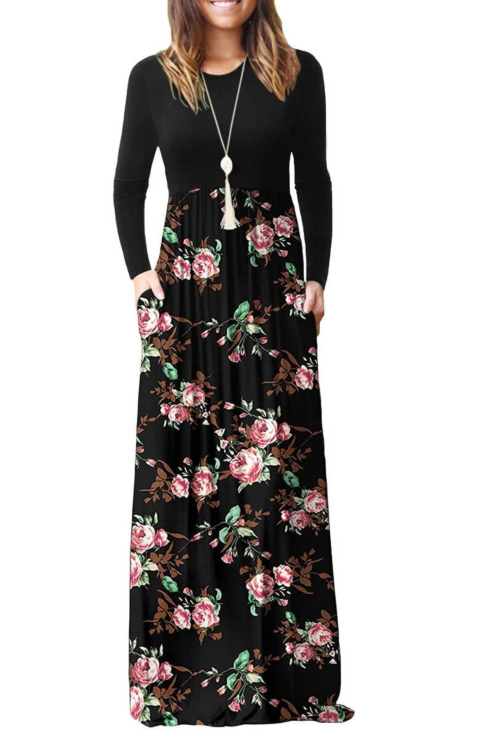 Womens Long Sleeve Bohemian Floral Maxi Dresses Loose Casual High Waist