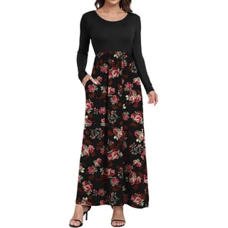 Aiyino Women's Maxi Dresses Long Sleeve Casual Long Dresses Loose with Pockets,Rose Black S