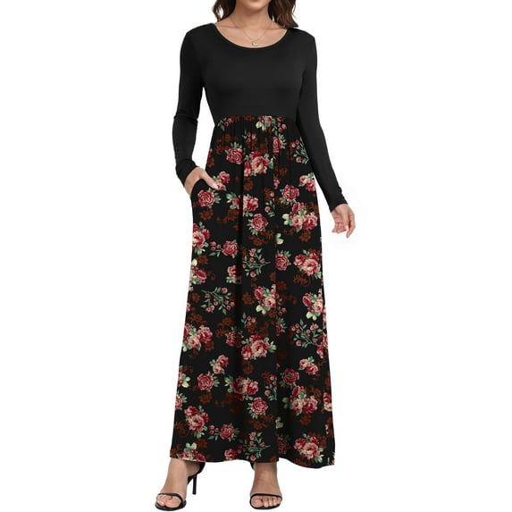 Aiyino Women's Maxi Dresses Long Sleeve Casual Long Dresses Loose with Pockets